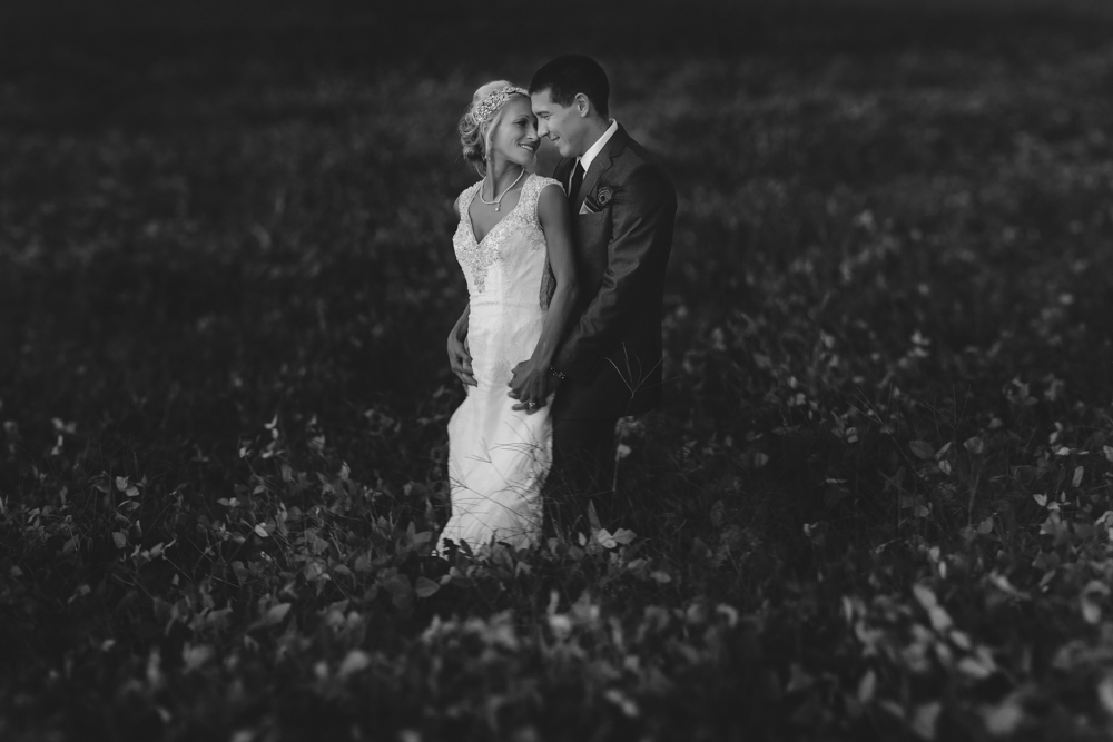 A black and white wedding photo featuring a bride and groom in a field, captured by a skilled Wedding Photographer.