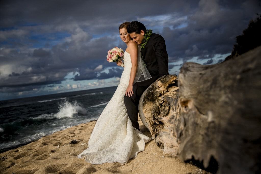 A bride and groom posing on a log on the beach.