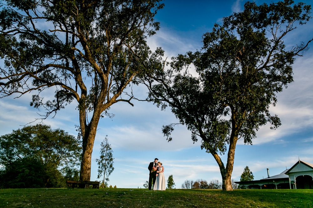 A Brisbane wedding photographer captures a bride and groom standing under trees in a field.