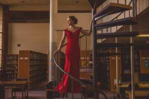 A woman in a red evening gown stands on a spiral staircase in a library, captured in an elegant pose by a La Crosse Senior Photographer.