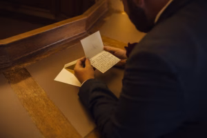 A man in a suit sits at a wooden desk, reading a handwritten letter taken from an open envelope—a cherished memory from a Wisconsin Capital Wedding.