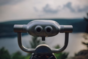 A coin-operated binocular viewer overlooks a blurred landscape of Devils Lake, with water and distant hills under a cloudy sky.