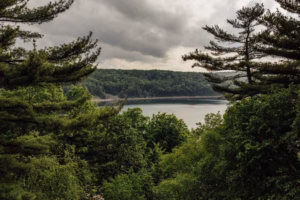 View of a calm Devils Lake surrounded by dense green trees, with a forested hillside in the background under a cloudy sky.