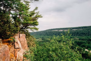 A rocky cliff with trees on top overlooks the dense, green forest of Devils Lake under a cloudy sky.