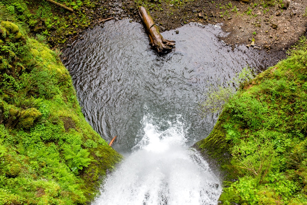 An aerial view of the Multnoma Falls on a forest hike.