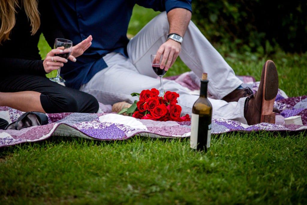 A Milwaukee wedding photographer captures a couple enjoying wine on a blanket.