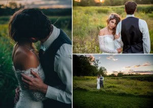 A bride and groom embrace in a field at sunset, captured by a Rochester MN Wedding Photographer.