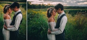 A Rochester MN wedding photographer captures two photos of a bride and groom embracing in a field.