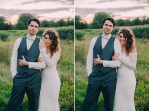 Rochester MN Wedding Photographer captures a bride and groom posing in a field at sunset.
