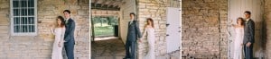 A bride and groom are posing in front of the Mayowood Stone Barn.