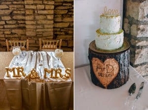 Mr & Mrs wedding cake with gold lettering on a Mayowood Stone Barn tree stump.