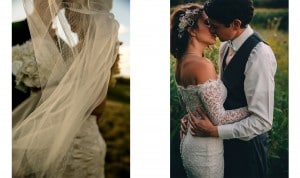 Two photos of a bride and groom kissing in a field.