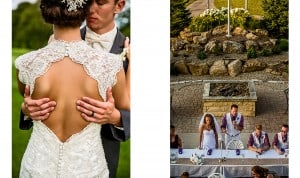 Two pictures of a bride and groom at a wedding.