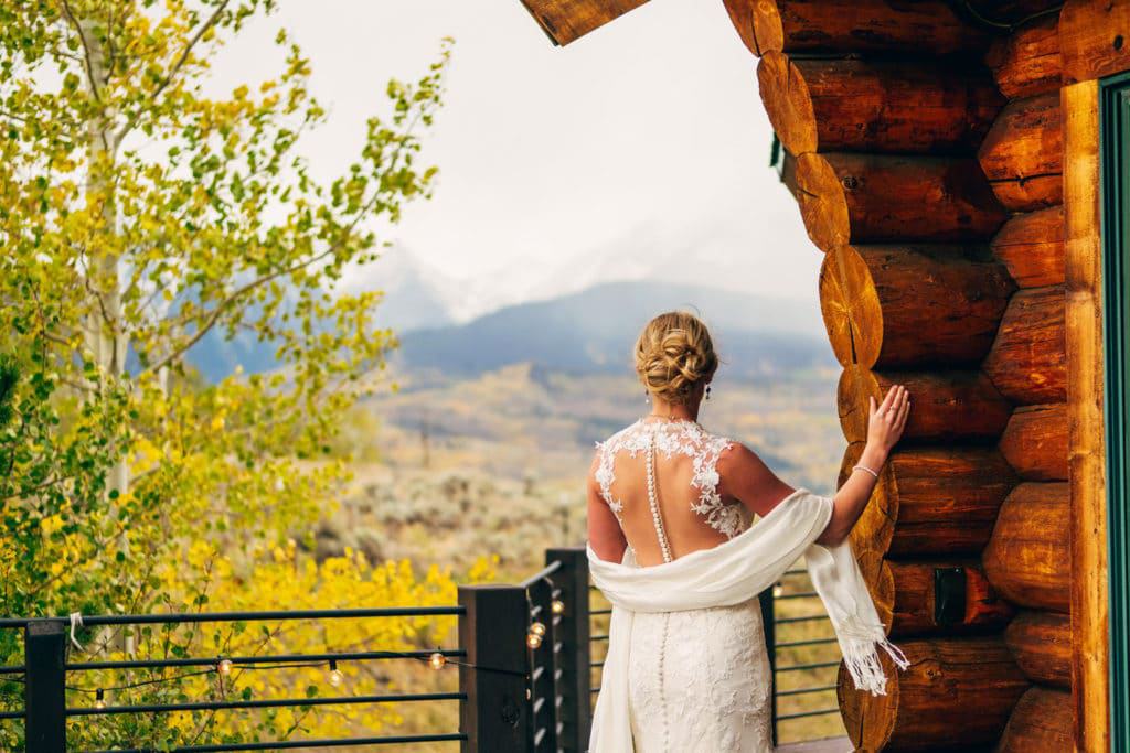 A bride posing near a window in a log cabin captured by La Crosse WI Wedding Photographer.