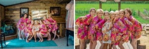 A group of bridesmaids in pink robes posing in front of a cabin at an On A Whim Barn Wedding.