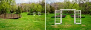 Two pictures of a wedding ceremony set up in a grassy area.