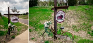 Two pictures of a sign with a bicycle in front of it.