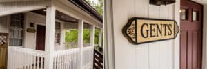 Two pictures of a house with a sign on the front porch.