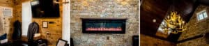 Four pictures of a fireplace in a room.