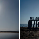 Two pictures of a man standing on the beach with a sign that says nothing.