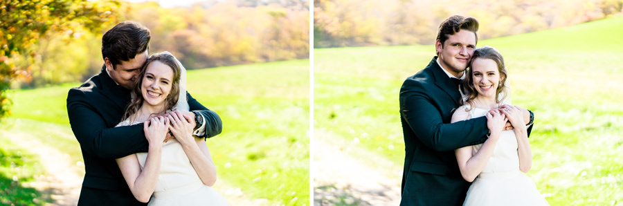 Two photos of a bride and groom hugging in a field.