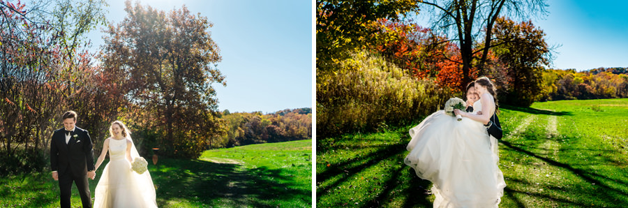 Two photos of a bride and groom walking in a field.