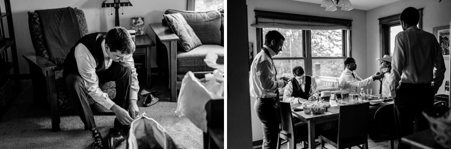 Black and white photos of men getting ready in a room.