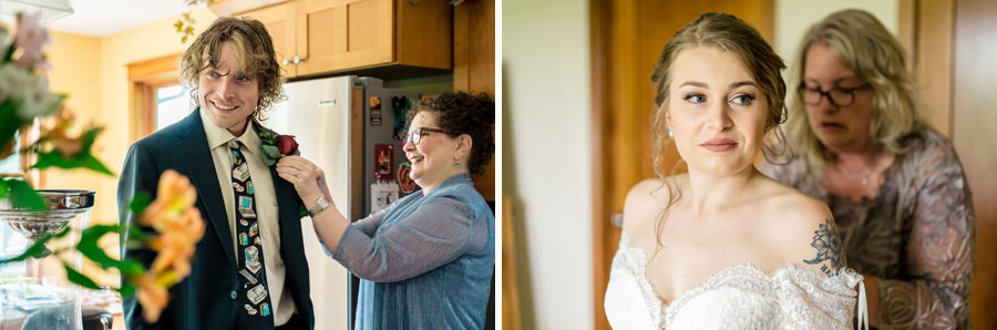 Two pictures of a bride getting ready in a kitchen.