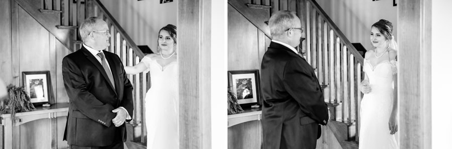 Two black and white photos of a bride and her father looking at each other.