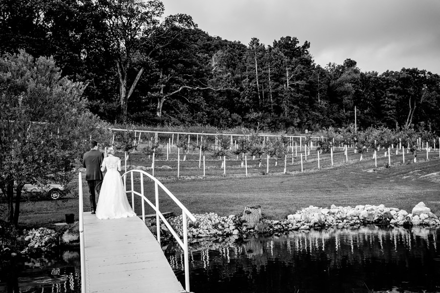 A bride and groom standing on a dock near a pond.