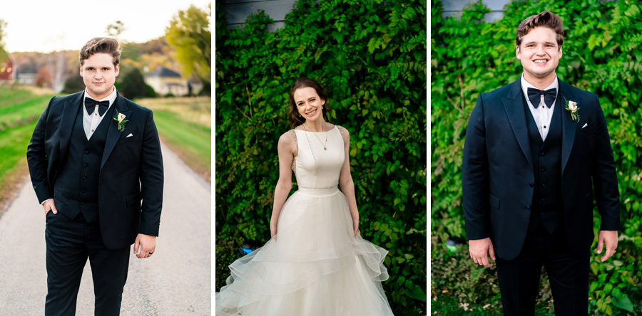 Four pictures of a bride and groom in tuxedos.
