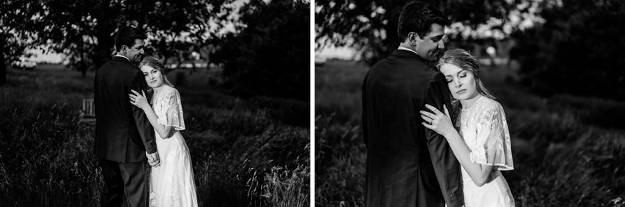 Two black and white photos of a bride and groom hugging in a field.