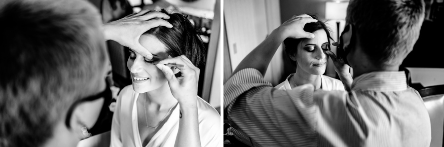 Black and white photos of a woman getting her makeup done.
