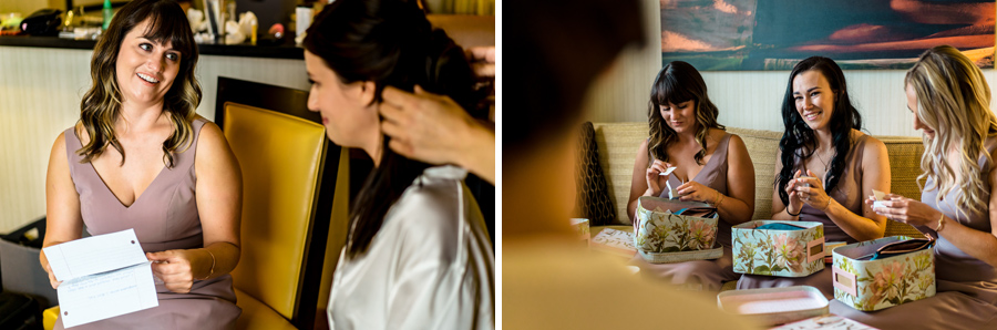 Two pictures of bridesmaids getting ready for their wedding.
