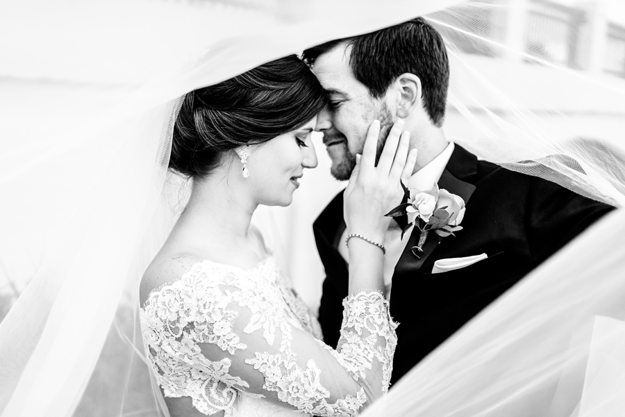 A bride and groom kissing under a veil.
