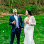 Courtney and James' love-filled backyard wedding featuring champagne in the grass.
