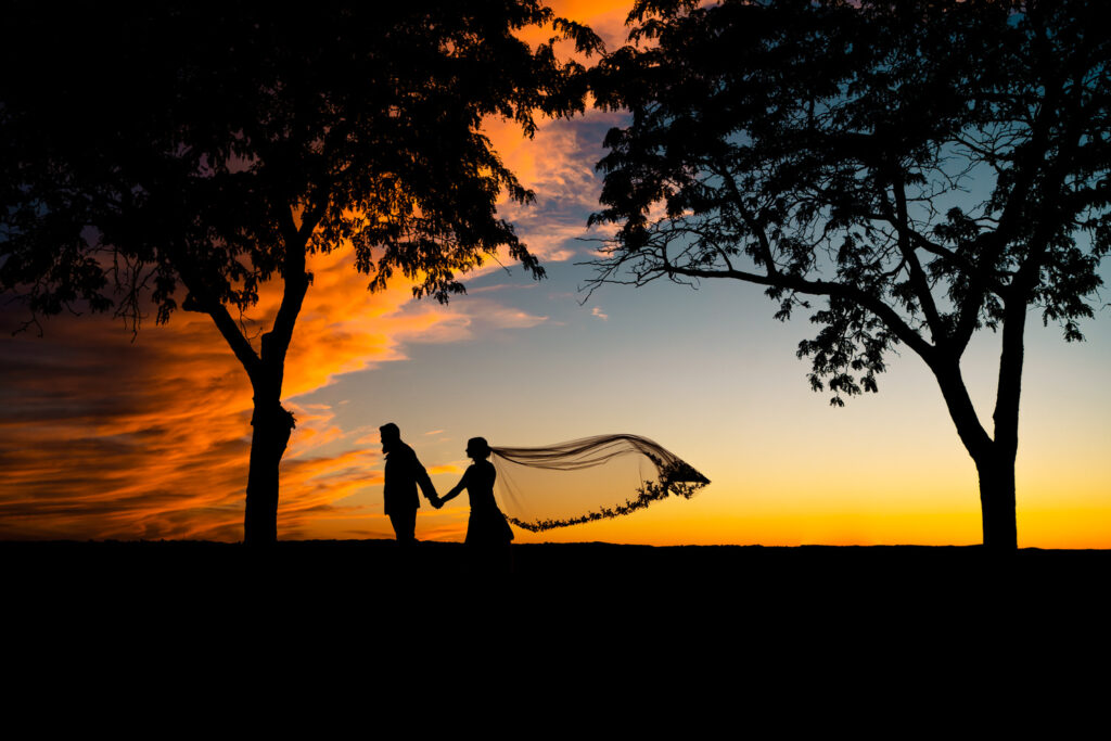 A emotional backyard wedding in La Crosse, with a silhouette of a couple holding a veil at sunset.