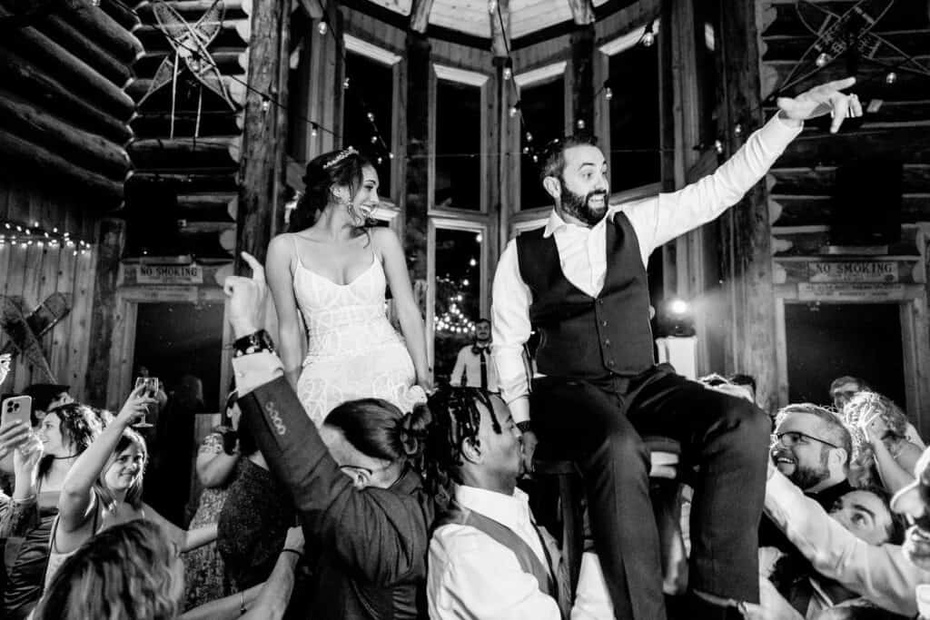 A bride and groom on the dance floor at their wedding.