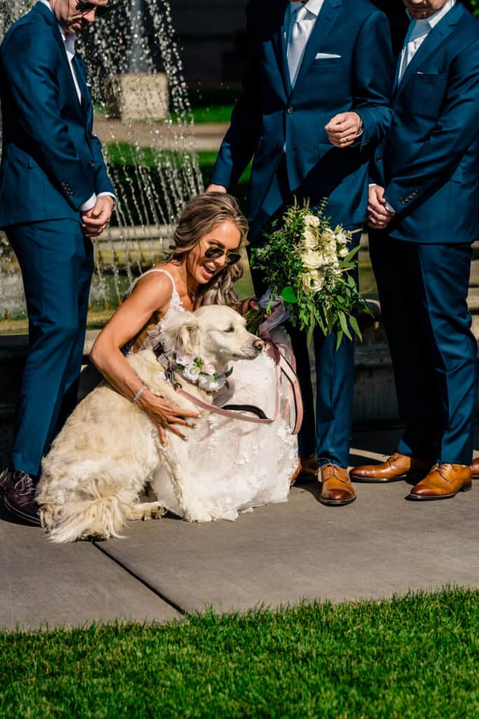 A bride and groom with their dog in front of a fountain.