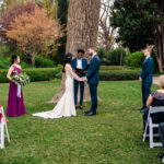 A wedding ceremony in a garden with a tree in the background.