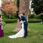 A bride and groom kiss in front of a tree.