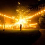 A couple standing under a tree at night.