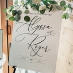 A wedding sign on a easel with flowers on it.