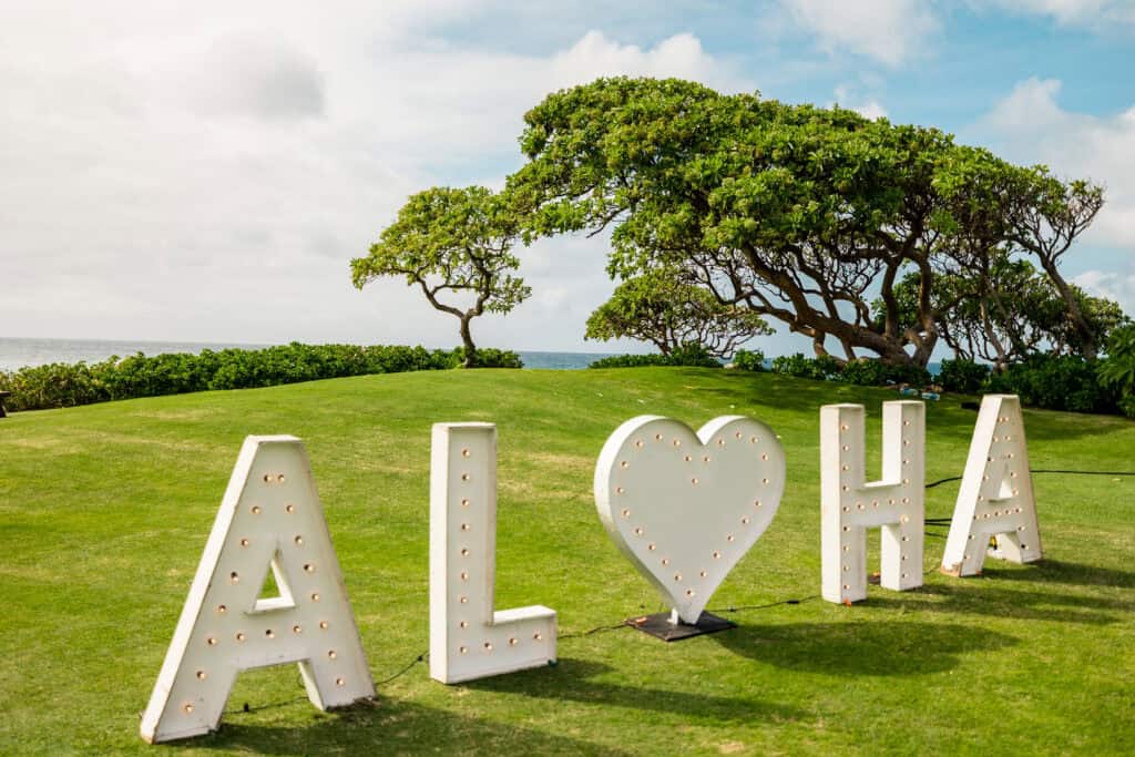 Large illuminated letters spelling "ALOHA" with a heart symbol replacing the "O" are displayed on a grassy field, with a tree and ocean in the background under a partly cloudy sky.