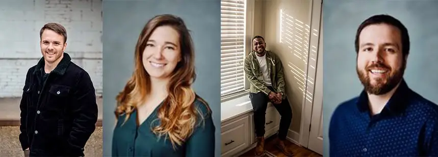 Four people are shown in separate portraits; three are standing, and one is sitting by a window. All are indoors except the first person on the left. The photos have a studio-like quality, reflecting the expertise of a La Crosse WI wedding photographer.
