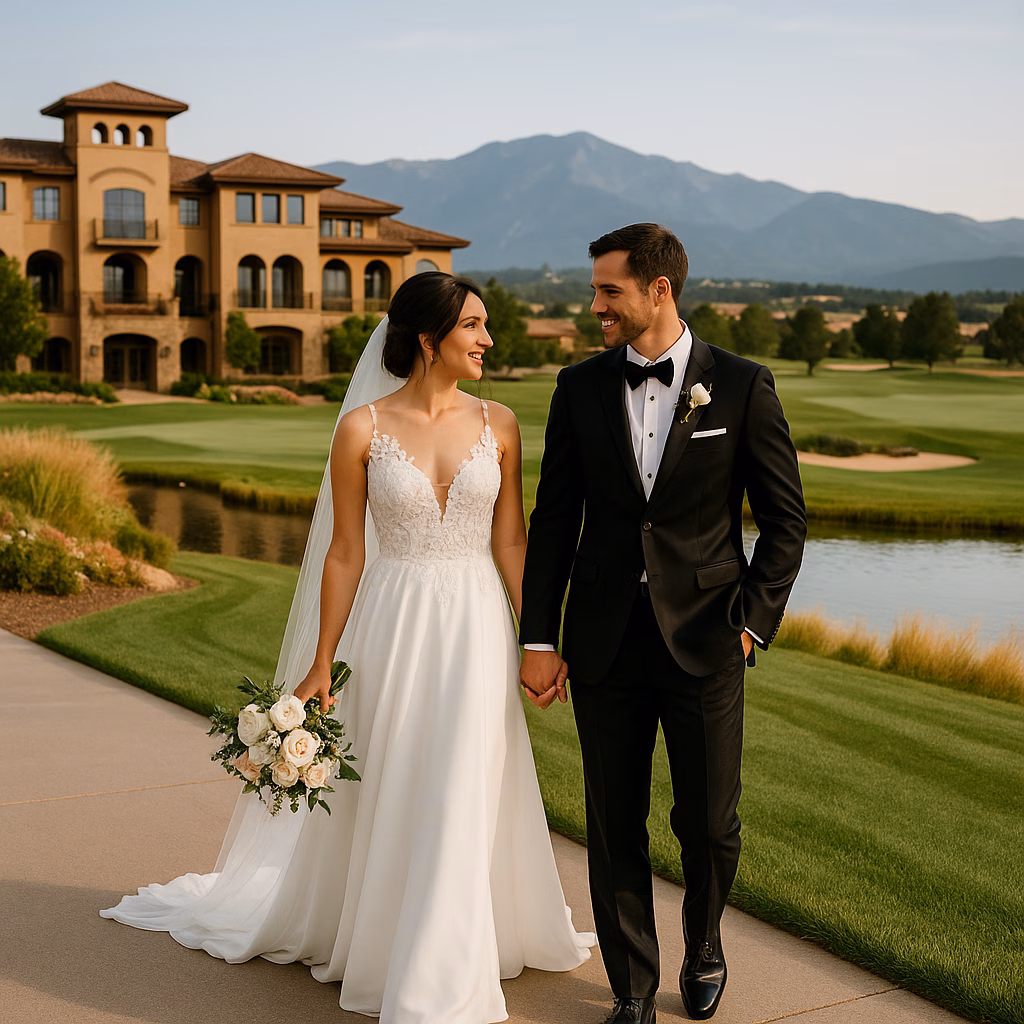 A bride and groom hold hands and smile at each other while walking on a path near a golf course at their Flying Horse Resort Wedding, with a building and mountains in the background.