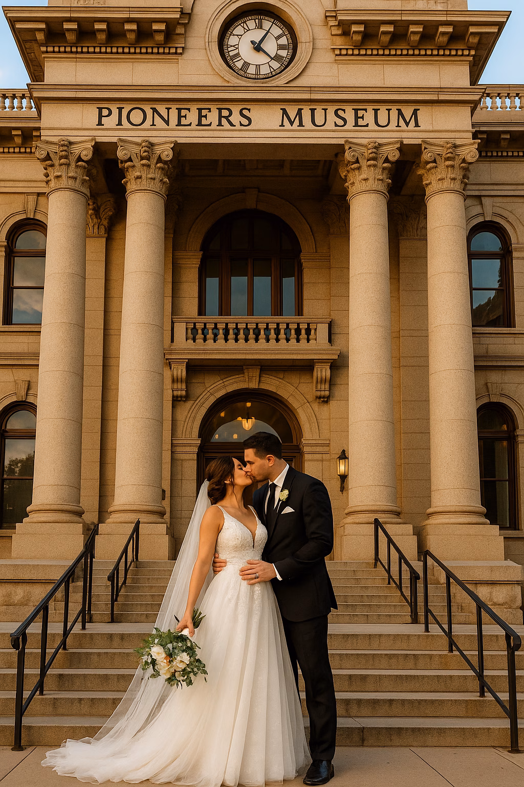 A bride and groom share a kiss on the steps of the Pioneers Museum, with grand columns and a clock visible above—capturing a timeless Pioneers Museum Wedding moment.