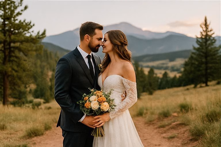 A bride and groom stand close together on a dirt path in a scenic outdoor setting at BRITTANY HILL BY WEDGEWOOD Wedding, holding a bouquet, with mountains and pine trees in the background.