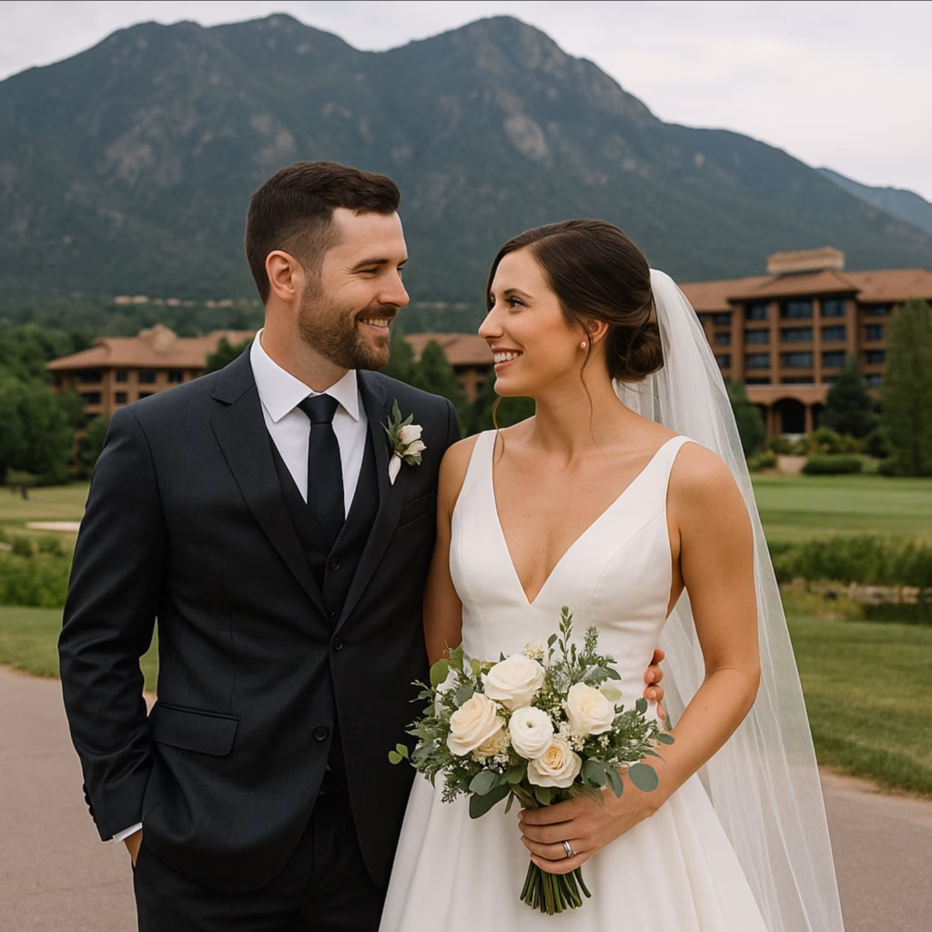A bride and groom stand outdoors in front of a stunning mountain landscape at their Cheyenne Mountain Resort wedding, smiling at each other. The bride holds a bouquet of white flowers and greenery.