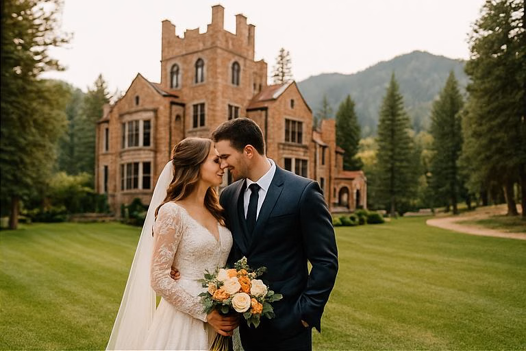A bride and groom stand close together on a green lawn in front of the grand Glen Eyrie Castle, with trees and mountains in the background. The bride holds a bouquet of flowers.